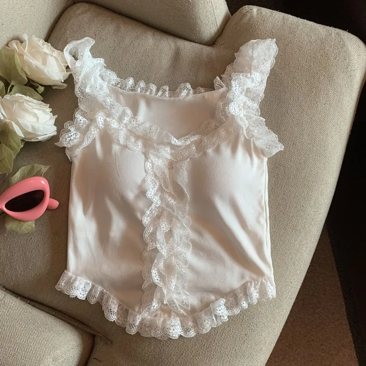 순수한 욕망 미적 달콤한 매운 레이스 접합 가슴 패드 짧은 자른 조끼 여성 여름 직접 상점 추천