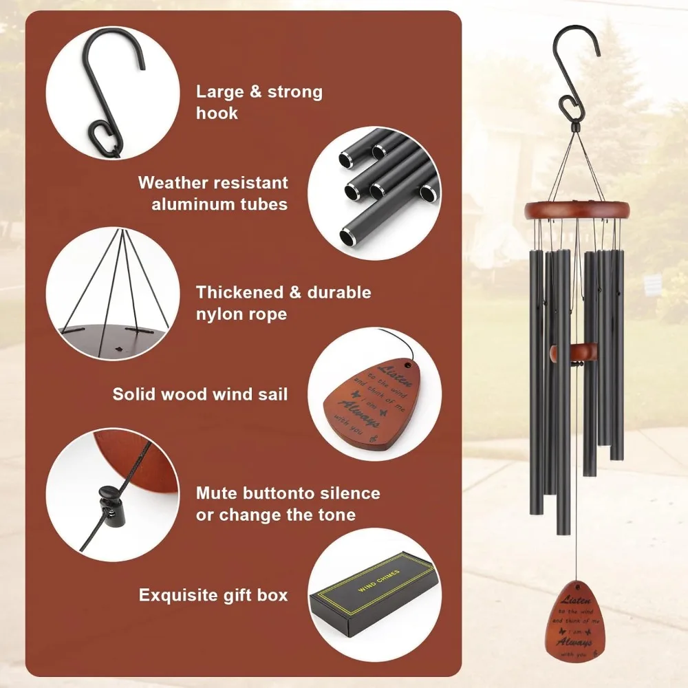 1pc 6 Tubes 82cm Aluminum Alloy Wind Chimes with Hook Black Bells for Outside Home Wedding Decoration Ornaments Gifts