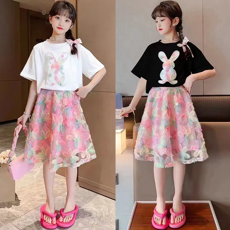 

Girls Fashion Short Sleeve Street Flower Embroidered Skirt Suit Summer Lively Girls Korean Cute Rabbit T-shirt Two-piece Set