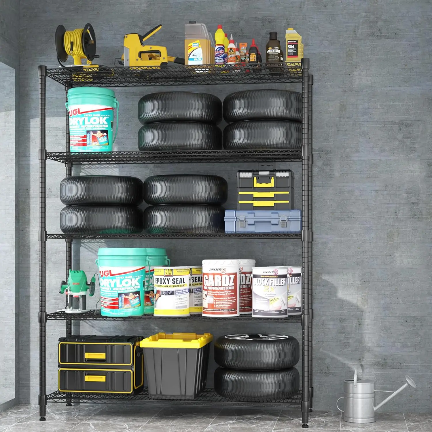 Heavy Duty Storage Shelves, 5 Tier Wire Unit with Wheels. Adjustable Metal Shelves for Garage, Pantry, Kitchen. 24"x60"x82"Black