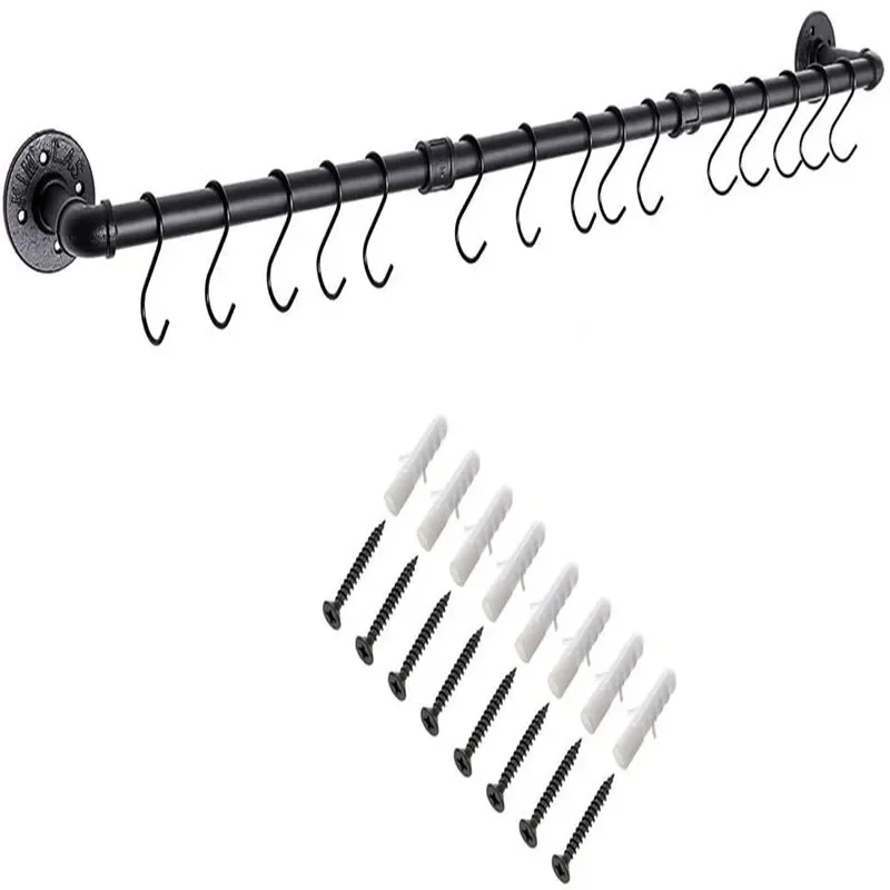 Home Decoration Industrial Style Hanging Pipe with Hooks Metal Wall Mounted Holders Pipe for Kitchen Tools Organization