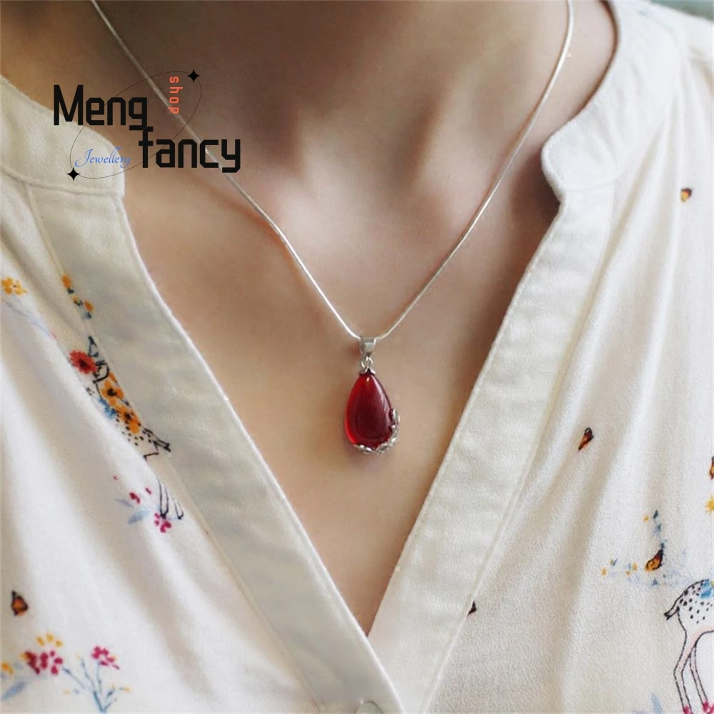 Natural Green Jade Chalcedony Water Drop Pendant 925 Silver Necklace Fashion Charms Jewelry Amulets Souvenir Women Holiday Gifts