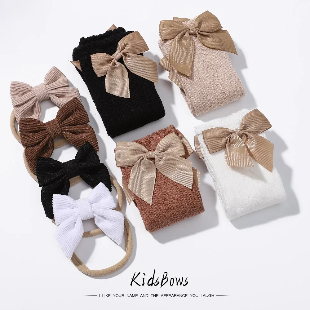 

0-3 Years Solid Color Kids Bows Cotton Socks Headband Set for Toddler Soft Socks Newborn Delicate Baby Girls Hair Accessories
