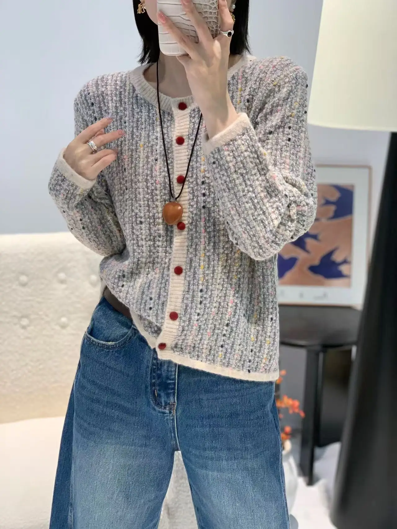 Women Merino Wool Color Yarn Cardigan O-neck Color Stripe Sweater Knitwear Autumn Winter Cashmere Leisure Causal Outdoor Top