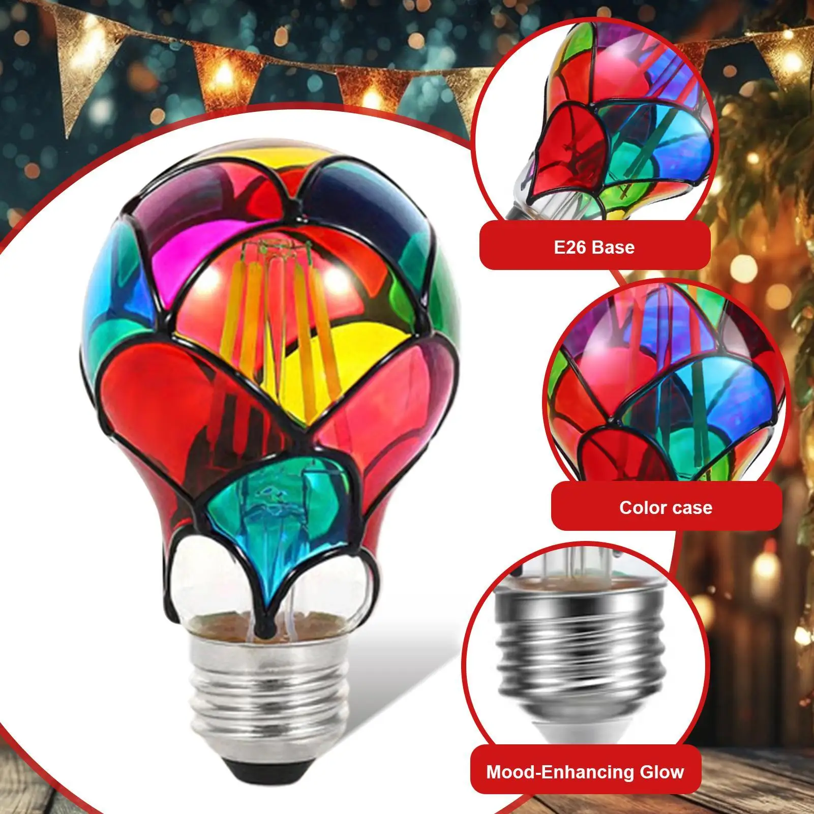 6W Stained Glass Light Bulbs E26 Base Bulb Lamp for Indoor Room Garden Balcony Restaurant Shop Bar Carnival Christmas Party