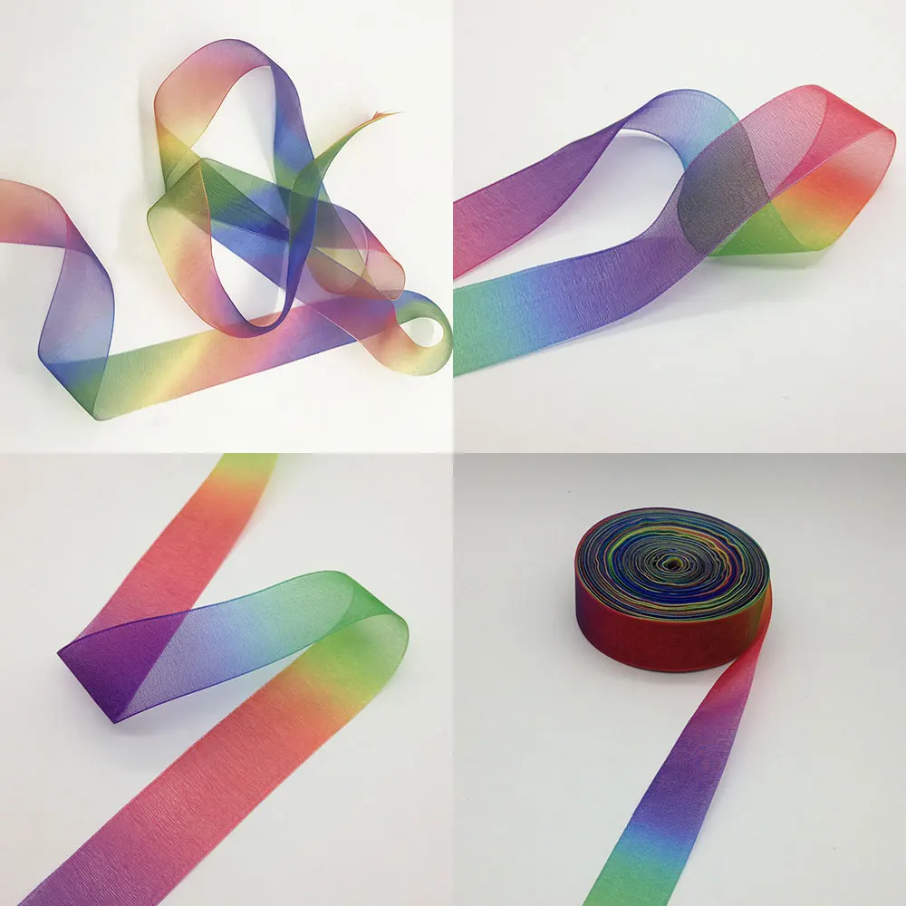 10 Yards/Roll 25 mm Gradient Colors Rainbow Printed Organza Ribbon for Hair Bows DIY Handmade Materials Gift Wrapping Home Decor