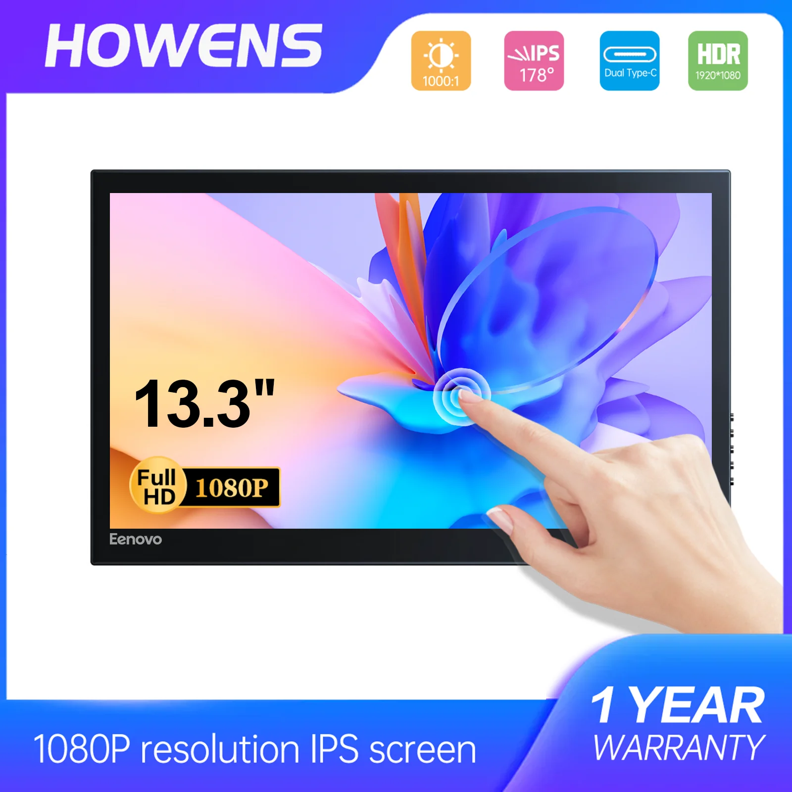 

Howens 13,3 дюймов 1920x1080 сенсорный экран IPS портативный монитор HDR HDMI 2 Type-C для ноутбука