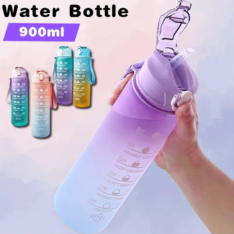 900ML Sports Water Bottle with Time Marker Leak-proof Cup