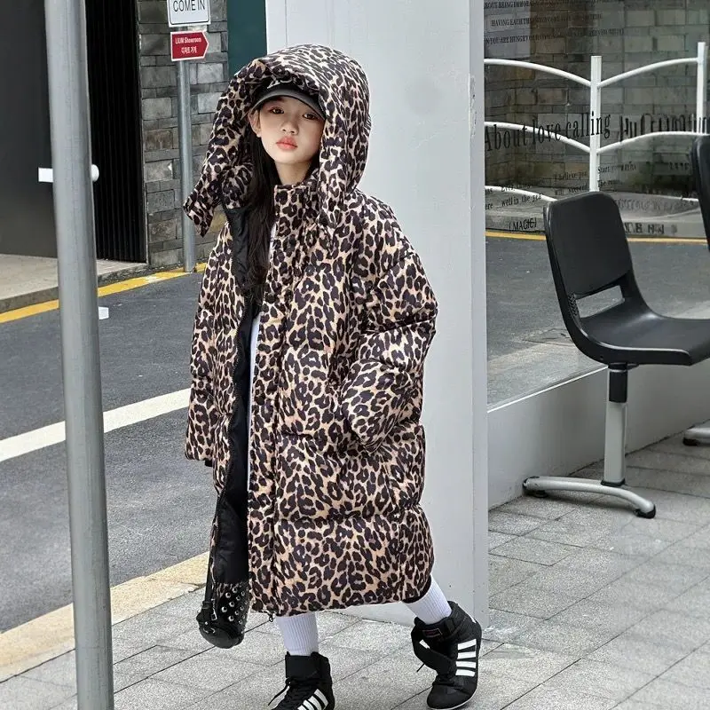 패션 키즈 레오파드 프린트 다운 코트 두꺼운 따뜻한 롱 후드 재킷 겨울 남아 여아  의류
