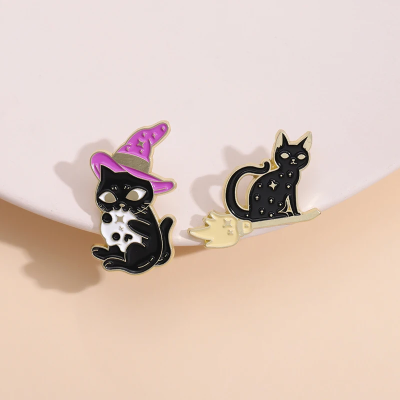 Black Cat Book Skeleton Enamel Pin Witch Hat Crystal Medicine Friends
