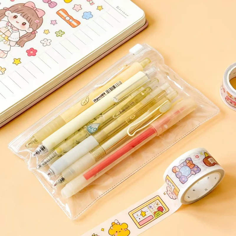 6Pcs 귀여운 핑크 개폐식 젤 펜 형광펜 세트 0.5mm 검정 잉크, 카와이 미적 학교 문구 세트 볼펜