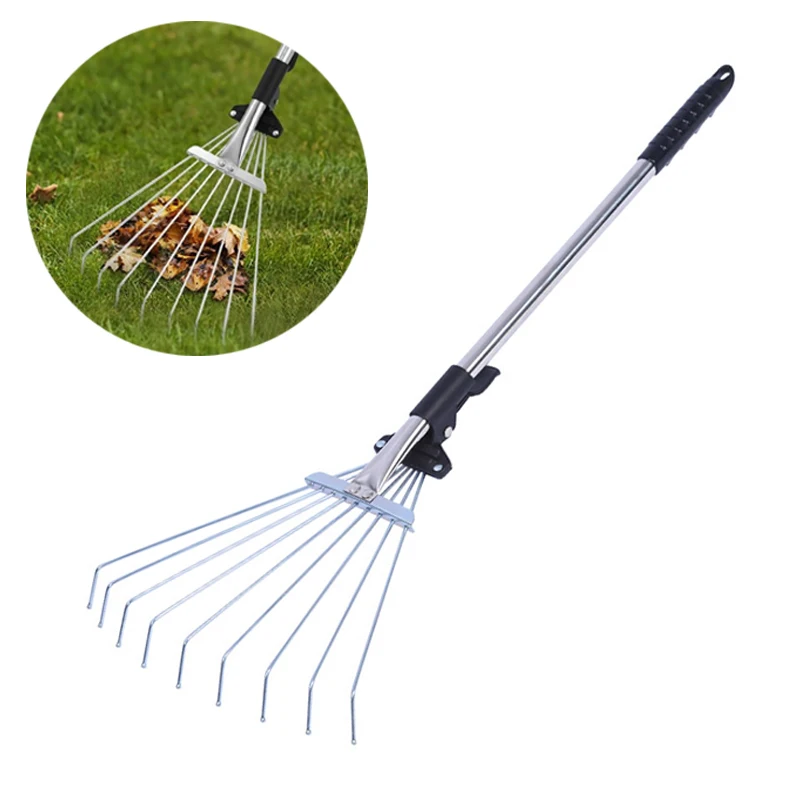 1Pcs 9 Teeth Telescopic Stainless Steel Rake Adjustable Retractable Rake For Fallen Leaves Cleaning Household Gardening Tool