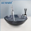 KEMAIDI Bathroom Basin Round Bowl Sink Washbasin Faucet Combo Grey Bathroom Vessel Basin Sinks w/ Hot Cold Water Mixer Faucets 1