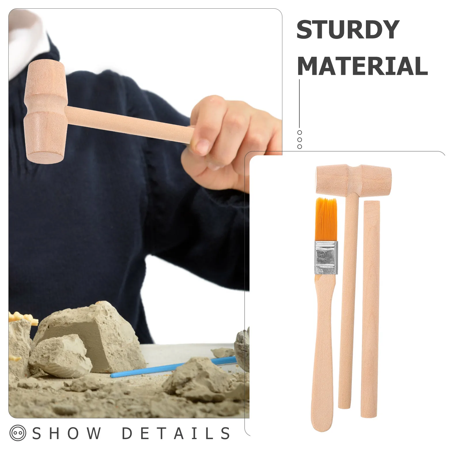 3 Sets Kids Digging Tools Wooden Hammer Brush Chisel Toddler Woody Toy Archaeological Excavation Kit Pretend Play Educational 3