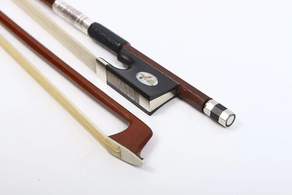 

Professional 4/4 Full Size Violin Bow Brazilwood Ebony Frog Beautiful Inlay Bows Hair Colorful Silk Black Leather Upright