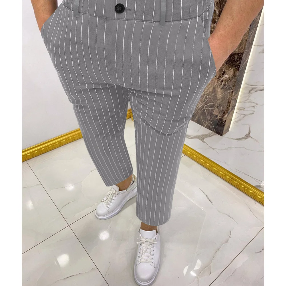 

Hot Formal Men's Striped Pants Slim Fit Business Casual Pencil Pants Fashion Office Work Men's Skinny Button Long Trousers Male