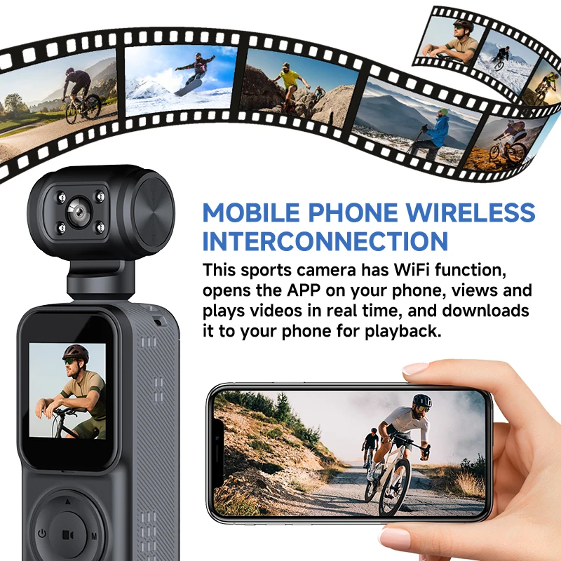 2K HD 휴대용 액션 카메라, 180 ° 회전식 렌즈가 장착된 1.5인치 화면 WiFi 스포츠 카메라, 2000mAh 배터리 탑재 야외 여행용 Vlog 카메라