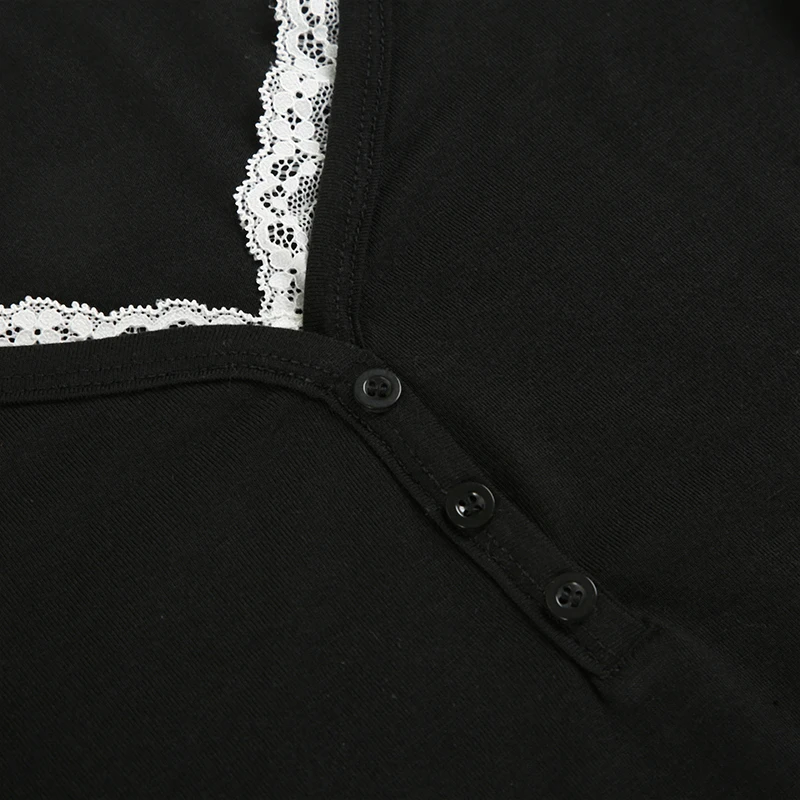 Contrast Lace Crew Neck Top Spring Casual Y2K Long Sleeve Buttons T-shirt Knitted Slim Basic Tee Shirt Streetwear 90s