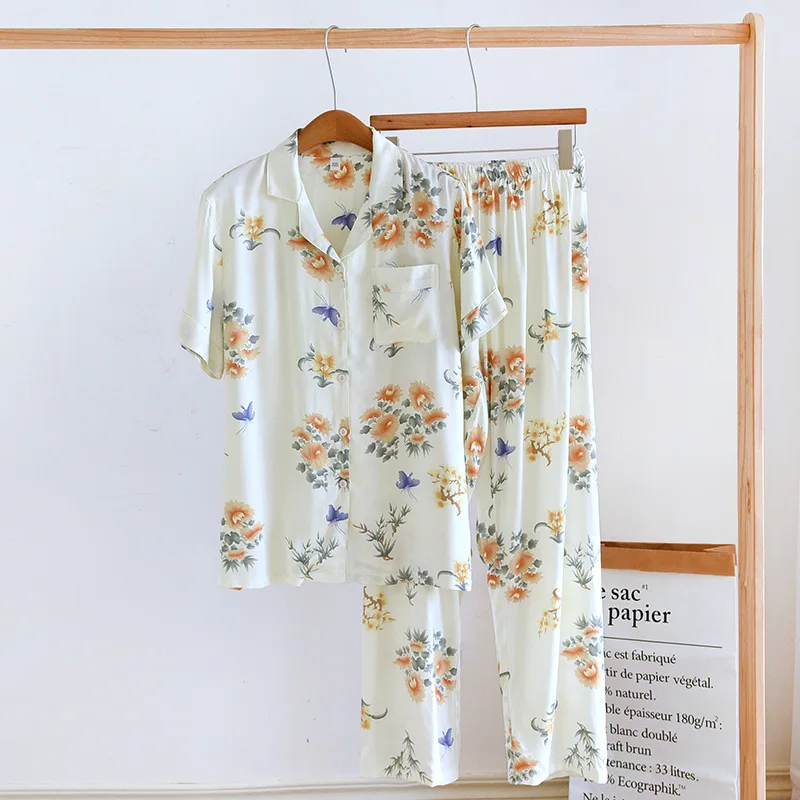 2026 Neues Frühjahr/Sommer Damen-Pyjama-Set mit Viskosefaser, dünnen kurzen Ärmeln und langen Hosen, zweiteiliges Heimtextilien-Set – Detail 7