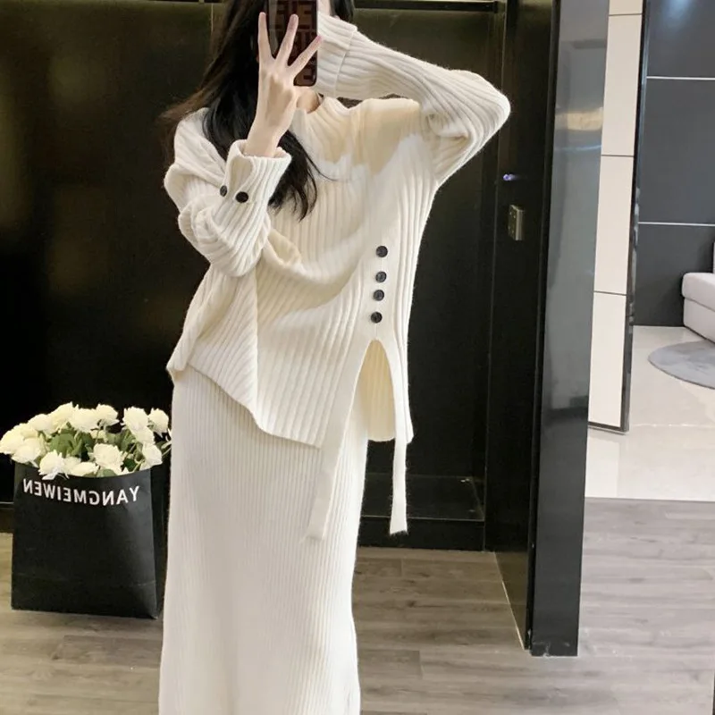 

Half high collar with side slit high-end and elegant body skirt piece autumn winter knitwear Fashion Favourite Hot shirts sets