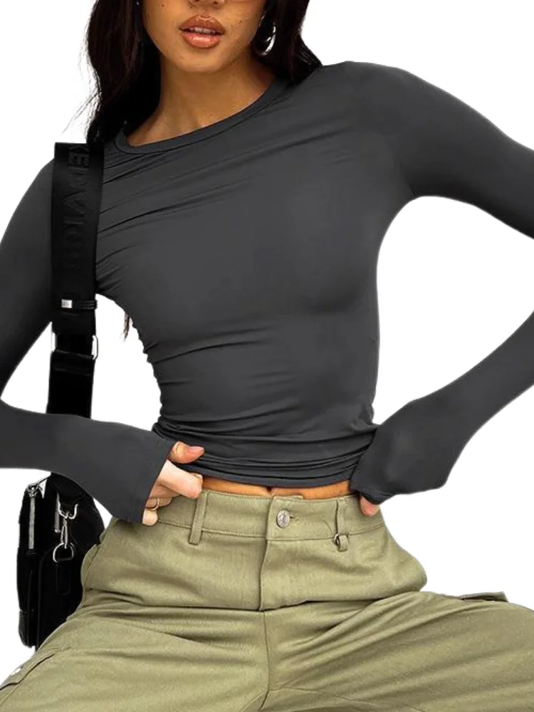 Women's Basic Ribbed Crop Top - Long Sleeve, Flare Sleeve, Slim Fitted Stretch Pullover Tee - View #10