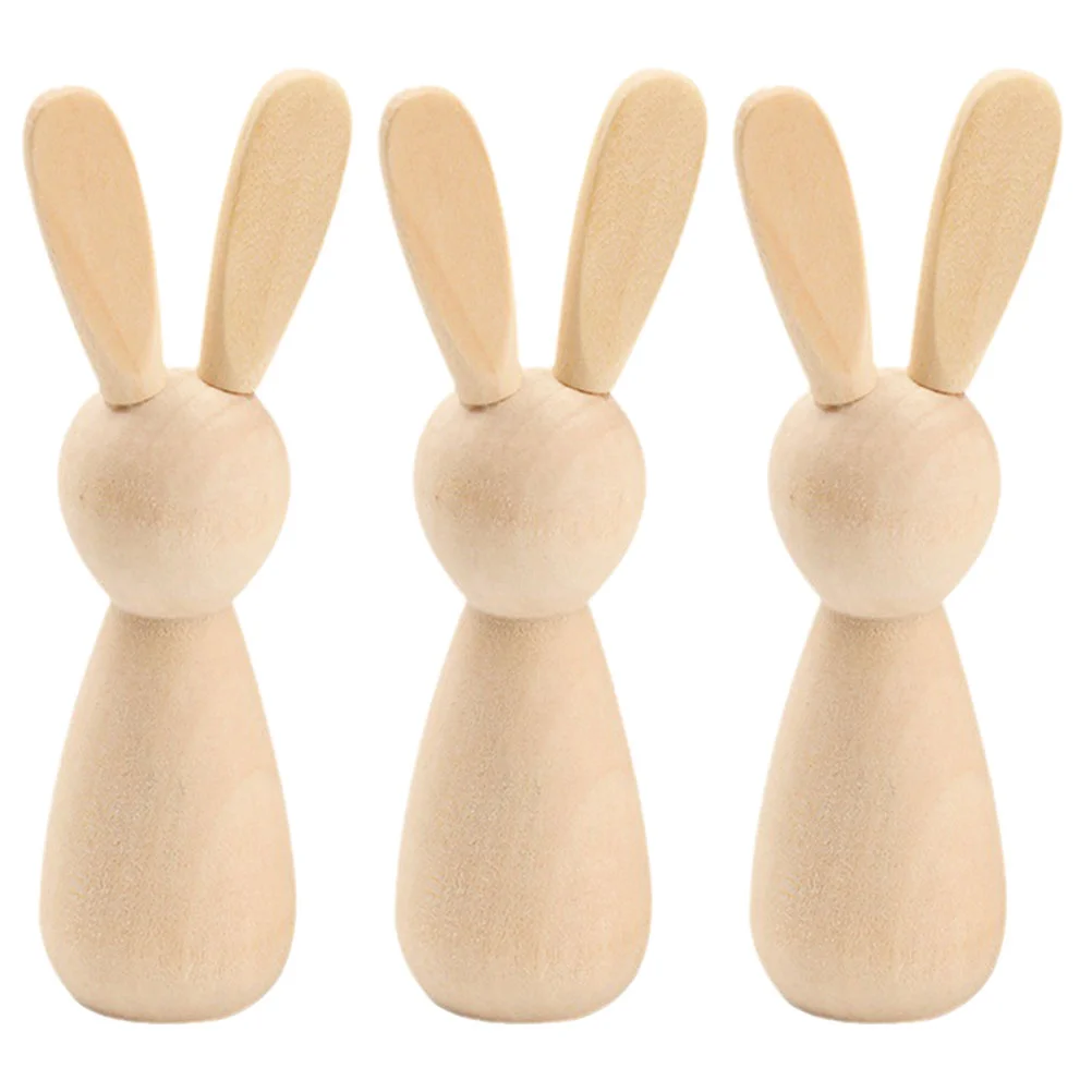 

3 Pcs Hand Painted Rabbit Ornaments Wooden Craft Peg Bunny Toys Unpainted Dolls Unfinished Crafts DIY Supplies Blank