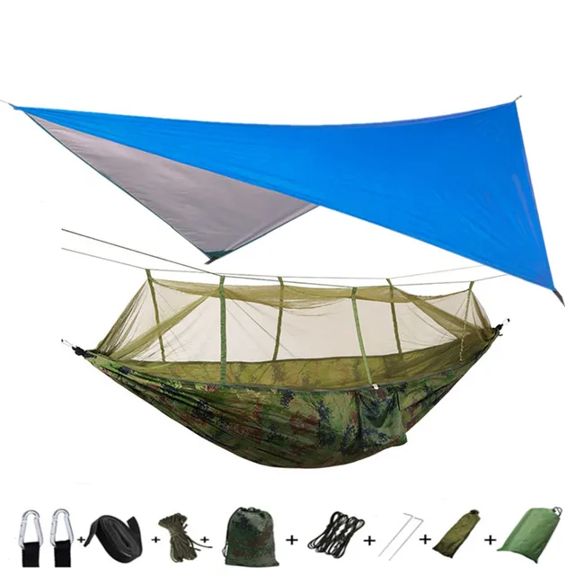 Lightweight Portable Camping Hammock and Tent Awning Rain Fly Tarp Waterproof Mosquito Net Hammock Canopy 210T Nylon Hammocks Blue and camouflage