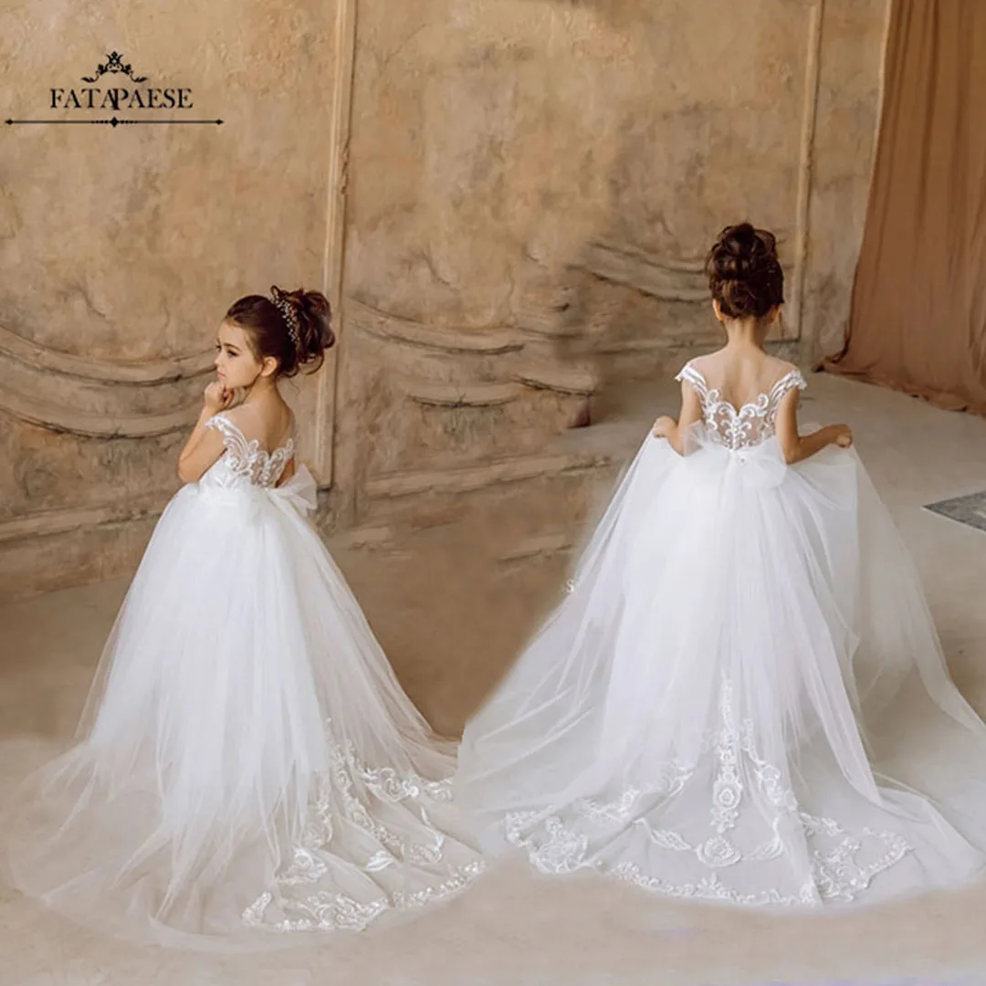 Primera Comunion Vestidos Vestido De Niña De Flores De Manga Larga De Tul De Encaje De Marfil Y Capuchino Para Ocasiones Especiales, Fiesta De Dama De Honor, Desfile De Bodas, Sesión De