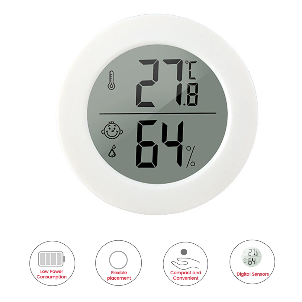 White Mini Round LCD Digital Thermometer Hygrometer Fridge