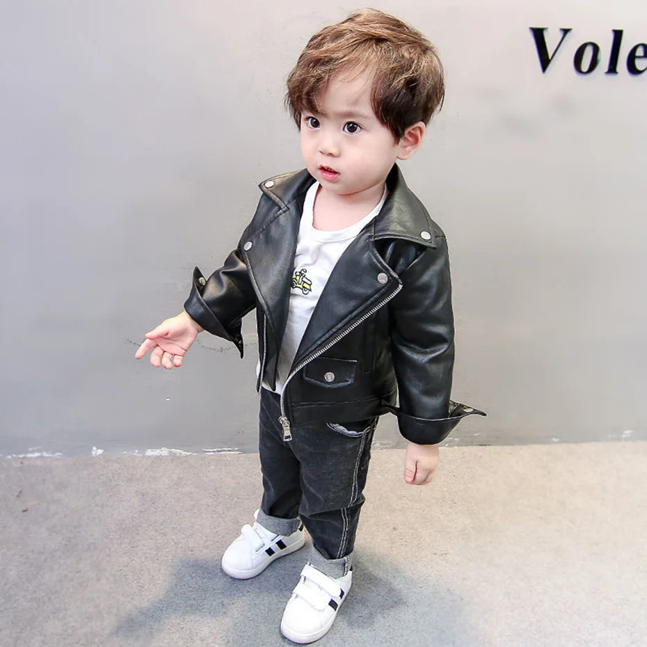 Kids Jackets Boys Leather Spring Autumn Solid Color Casual Style