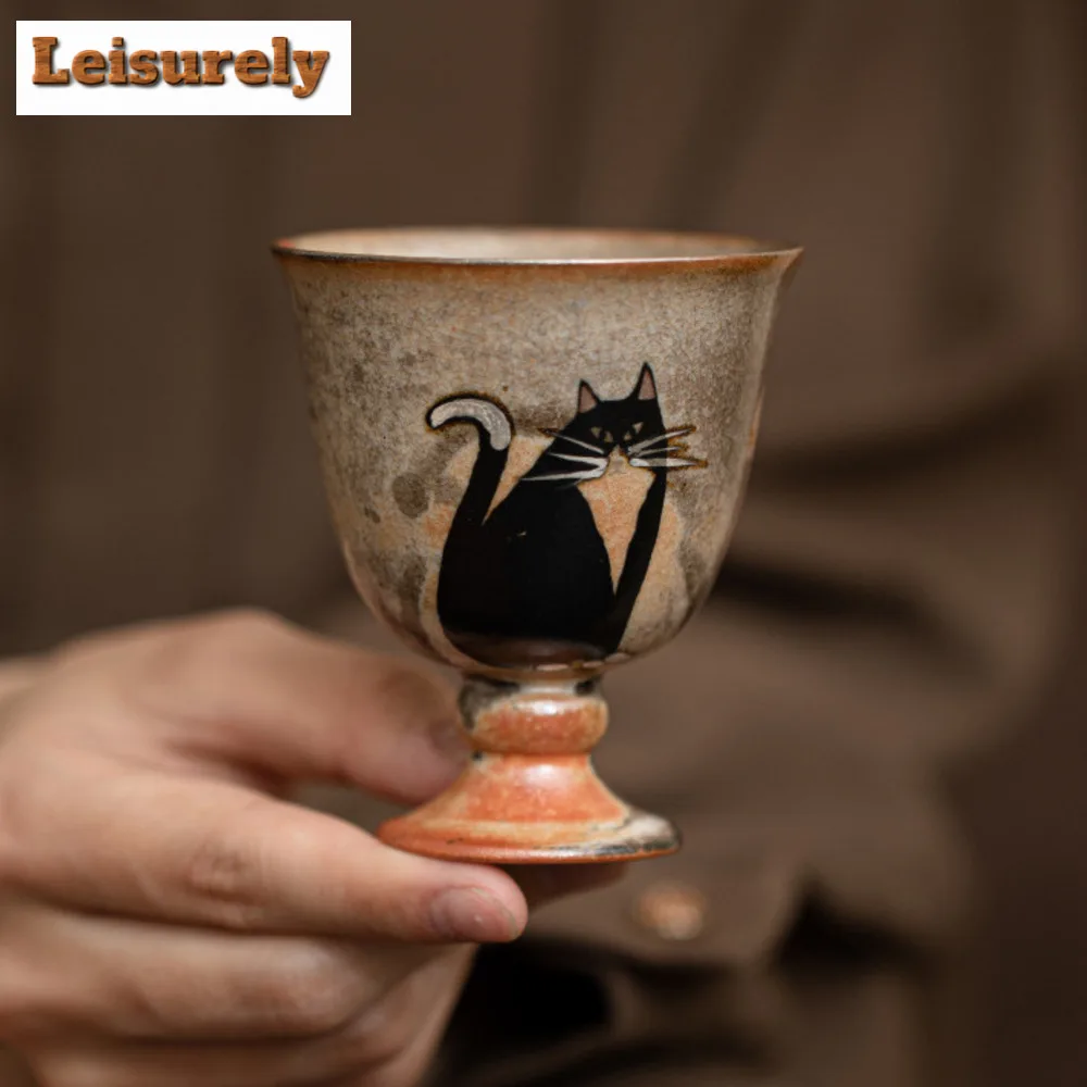 Japanese Kiln Change Zhiye Cat Ceramic Tea Cup Retro Wood-fired Porcelain Large Master Cup High Foot Tasting Mug Kung Fu Tea Set
