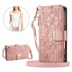 Elegant PU Leather Zipper Crossbody Wallet Case with Card Slots and Wrist Strap - OPPO Reno8 T 5G (Pink Long Strap)