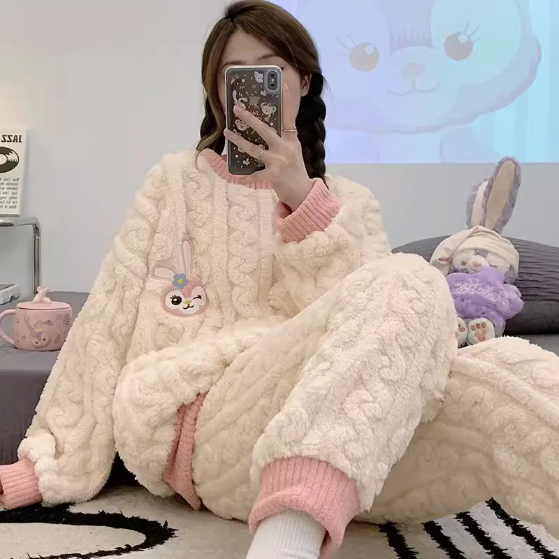 Autumn Winter Women's Pajamas Cute Cartoon Printed Sleepwear Casual Home Wear Set Girl Knitted Size M-2XL Pijamas Fashion Pyjama