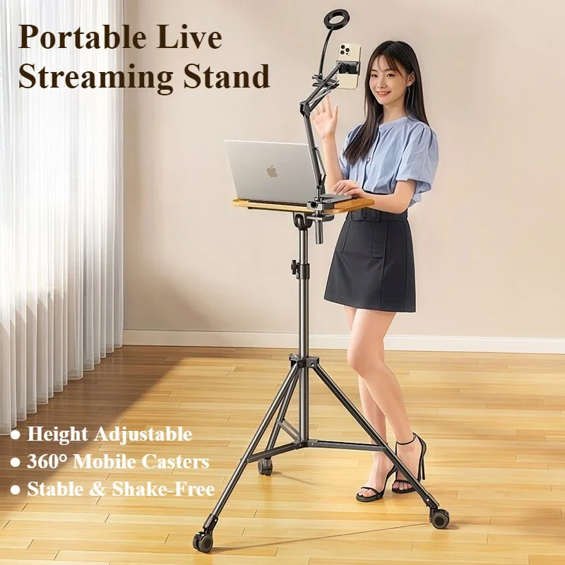 Eary Wooden Laptop Stand Portable Tripod Floor Holder Mobile Stand Up Desks with Wheels 32-57" Height Home Office Rolling Desks