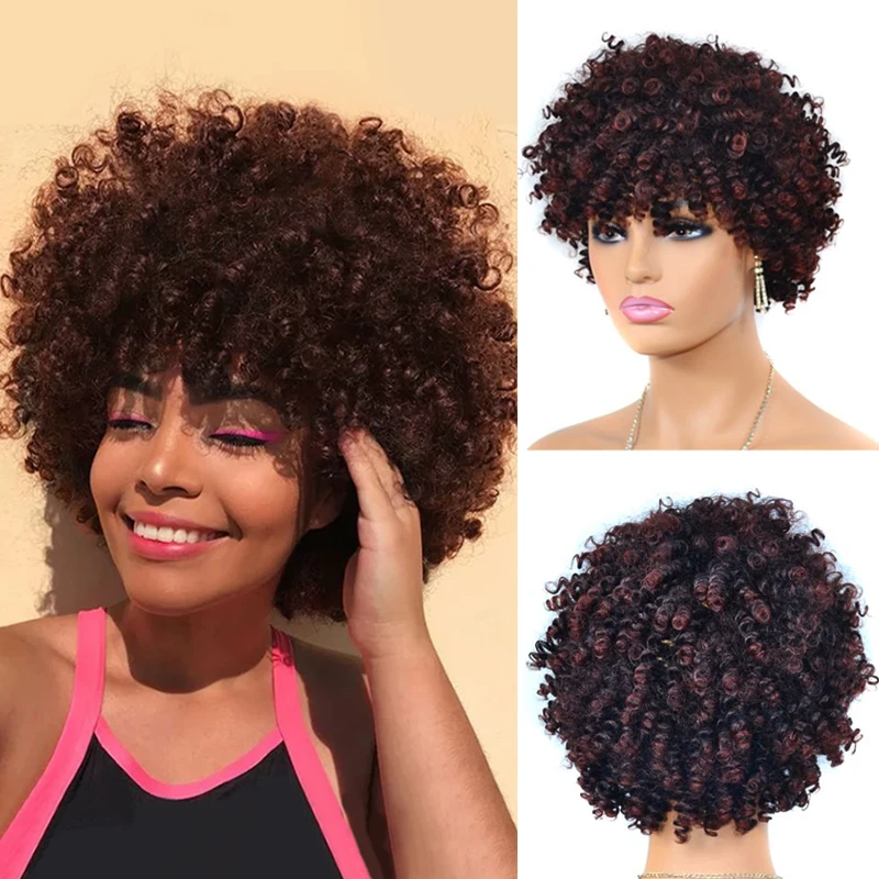 

Short Hair Afro Kinky Curly Wig With Bangs African Synthetic Wigs For Black Women Ombre Natural High Temperature Black Brown