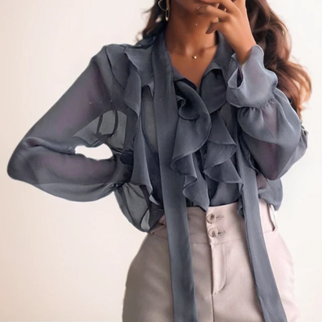 بلوزة شيفون موضة سيدة بلايز حلو القوس قميص كم طويل ملابس نسائية