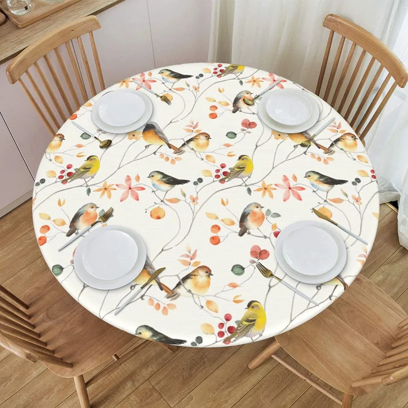 

Elastic Edged Round Bird Fitted Table Cloth Cover Home Decorative Tablecloth for Indoor Outdoor Kitchen Party