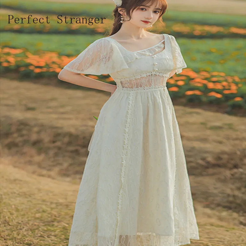 2022 Summer New Arrival French Vintage Clothing Women Lace Long Dress  Vestidos De Mujer High Quality Short Sleeve Dresses