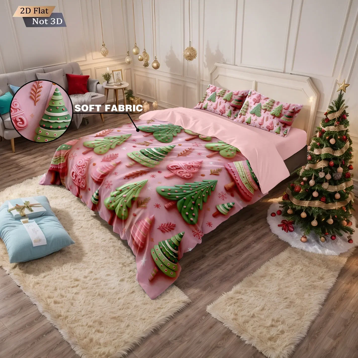 3pcs Christmas tree print coreless bedding set multi size bedroom dormitory duvet covers soft and machine washable decoration