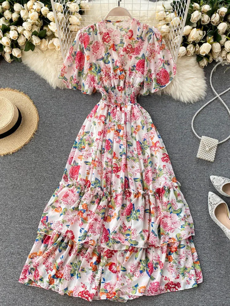 

Women Summer Dress European and American V-neck Ruffled High Waisted Slim Fitting Large Hem Printed Fairy Dress D3839