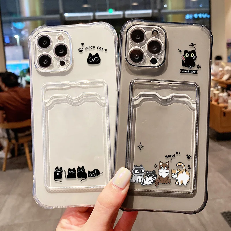 Cute Black Cat Phone Case For Xiaomi Redmi Note 13 12 11 10 9 8 14C 13C 12C 10C 11S 10S Silicone Transparent Card Pocket Cover 1