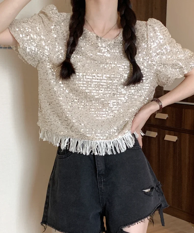 

Womens Tops O-Neck Puff Sleeve Tassel Sequins Loose T Shirt Shiny Apricot French Slim Designer Top Female Fashion 2023
