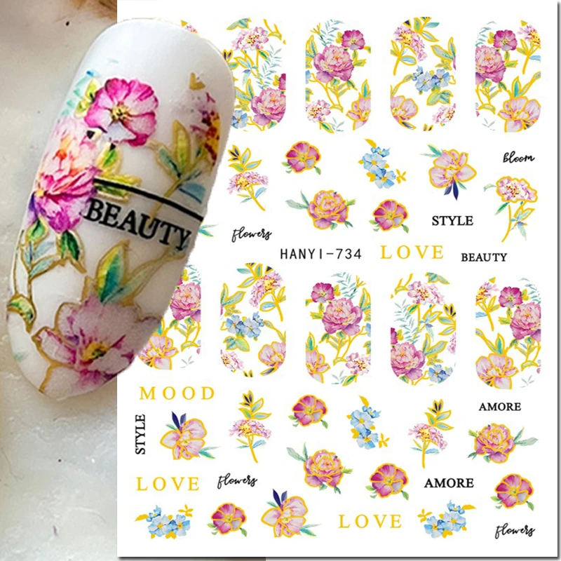 

3d Nail Art Stickers Full Tips Golden Lines Skyblue Bloom Pink Flowers Leaves Adhesive Sliders Decals Decorated Nail Manicures