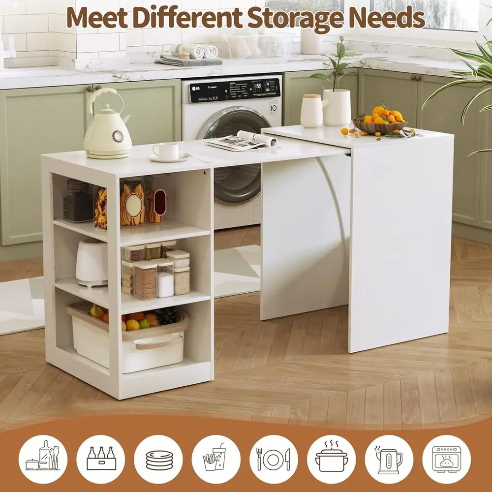 White 58-inch Office Desk with Pull-Out Table on Hidden Wheels, Featuring 3-Tier Open Shelves, Folding and Standing Desk Functio