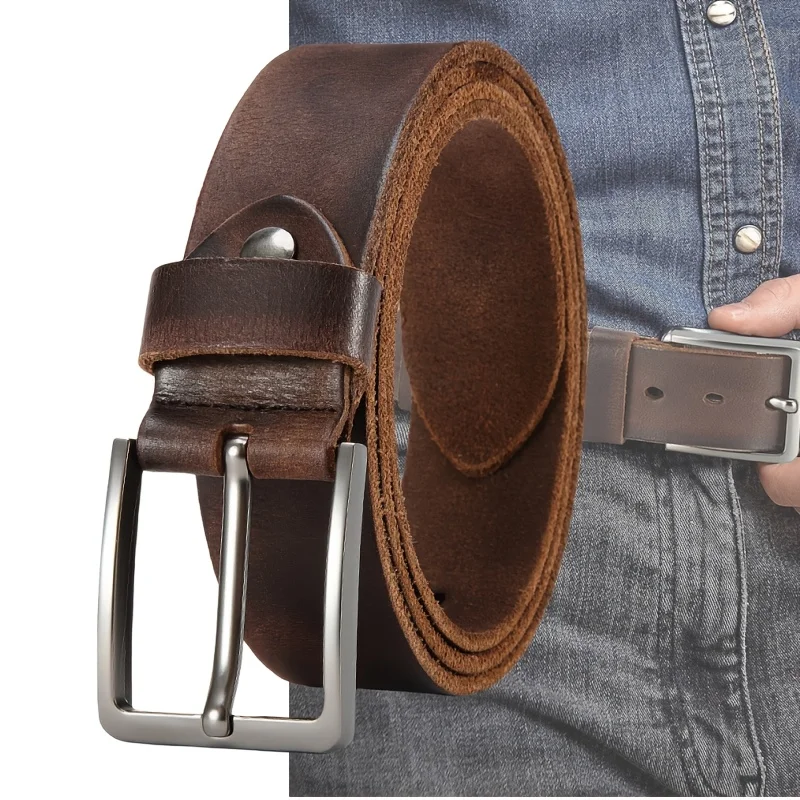 Men's Durable Genuine Leather Belt with Adjustable Pin Buckle for Business & Casual Wear