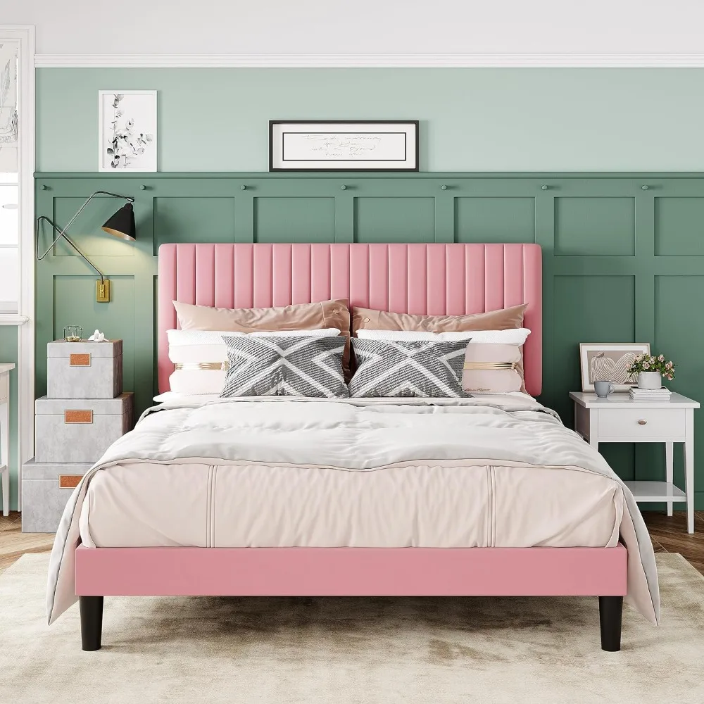 

Bed Frame, Velvet Upholstered Platform Bed with Adjustable Vertical Channel Tufted Headboard, Mattress Foundation，Furniture