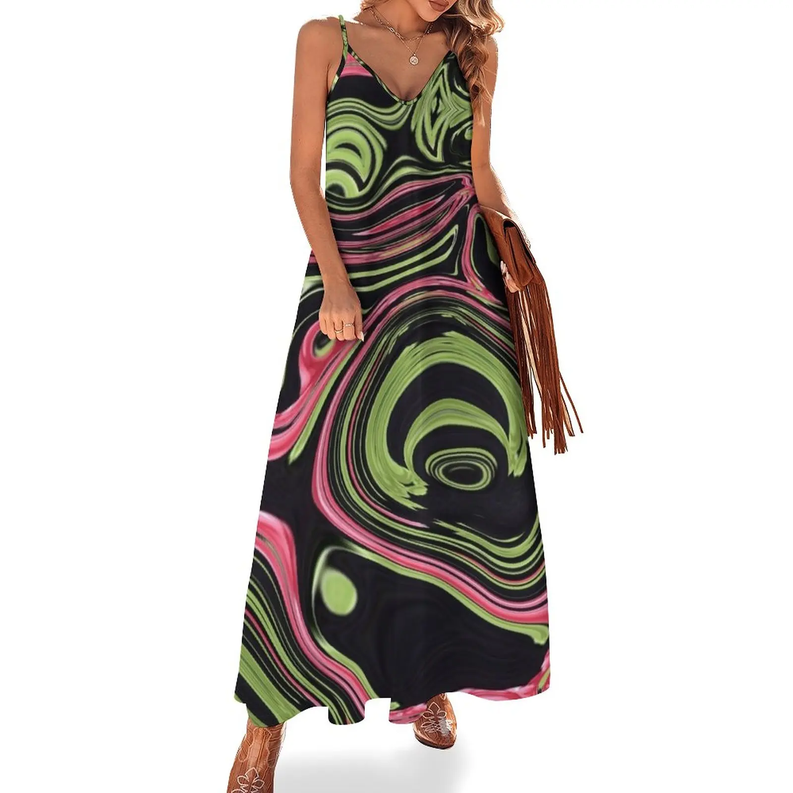 

modern vivid abstract lime green black red swirls Sleeveless Dress women evening dress women dresses
