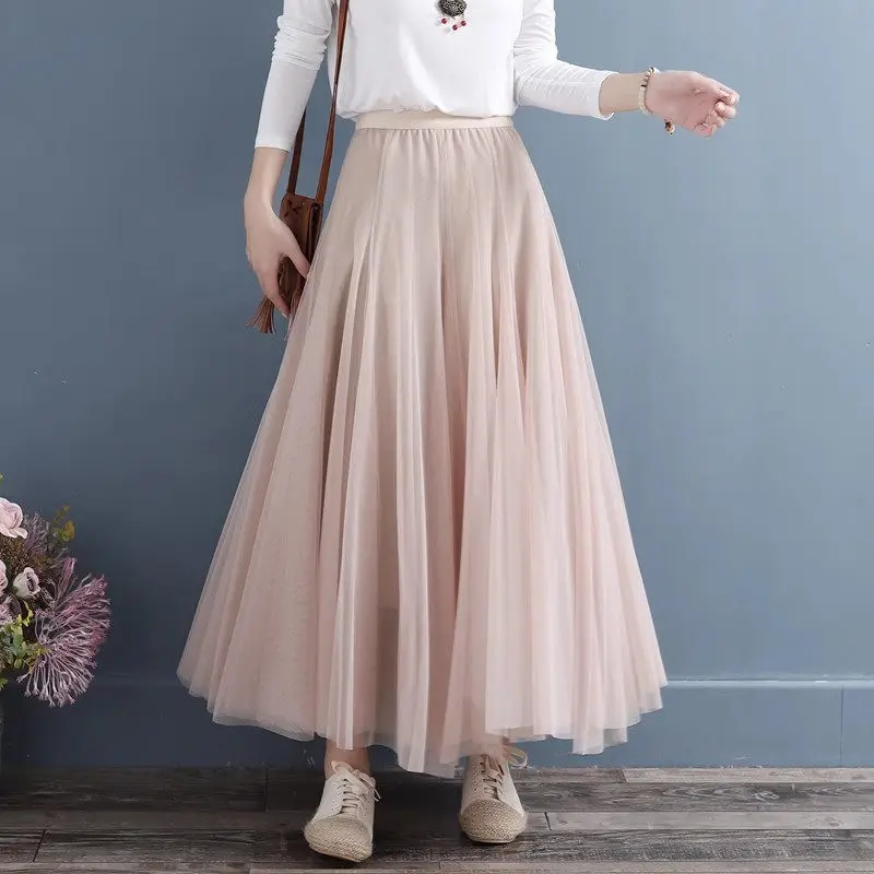 

Fairy Solid Color Mesh Skirt Women Versatil Retro Art Style Fluffy A-Line Long Skirt 2023 Summer Autumn Elegant Saias Z2480