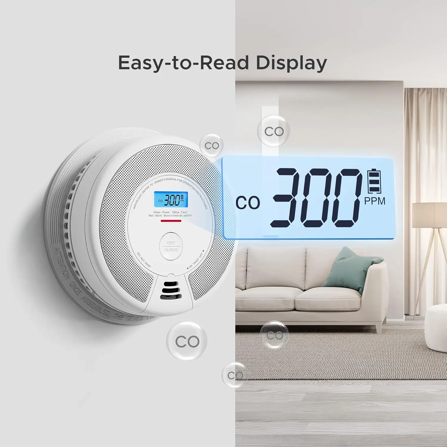 Carbon Monoxide Detector with LCD Display & 10-Year Battery, Over 820 ft T