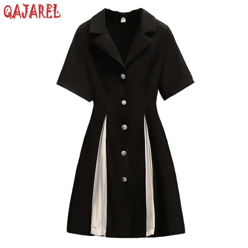 

Women Black Patchwork Pleated Midi Suit Dress 2024 Elegant Bodycon Office Lady Dress Summer Korean Vintage Hepburn Party Dresses